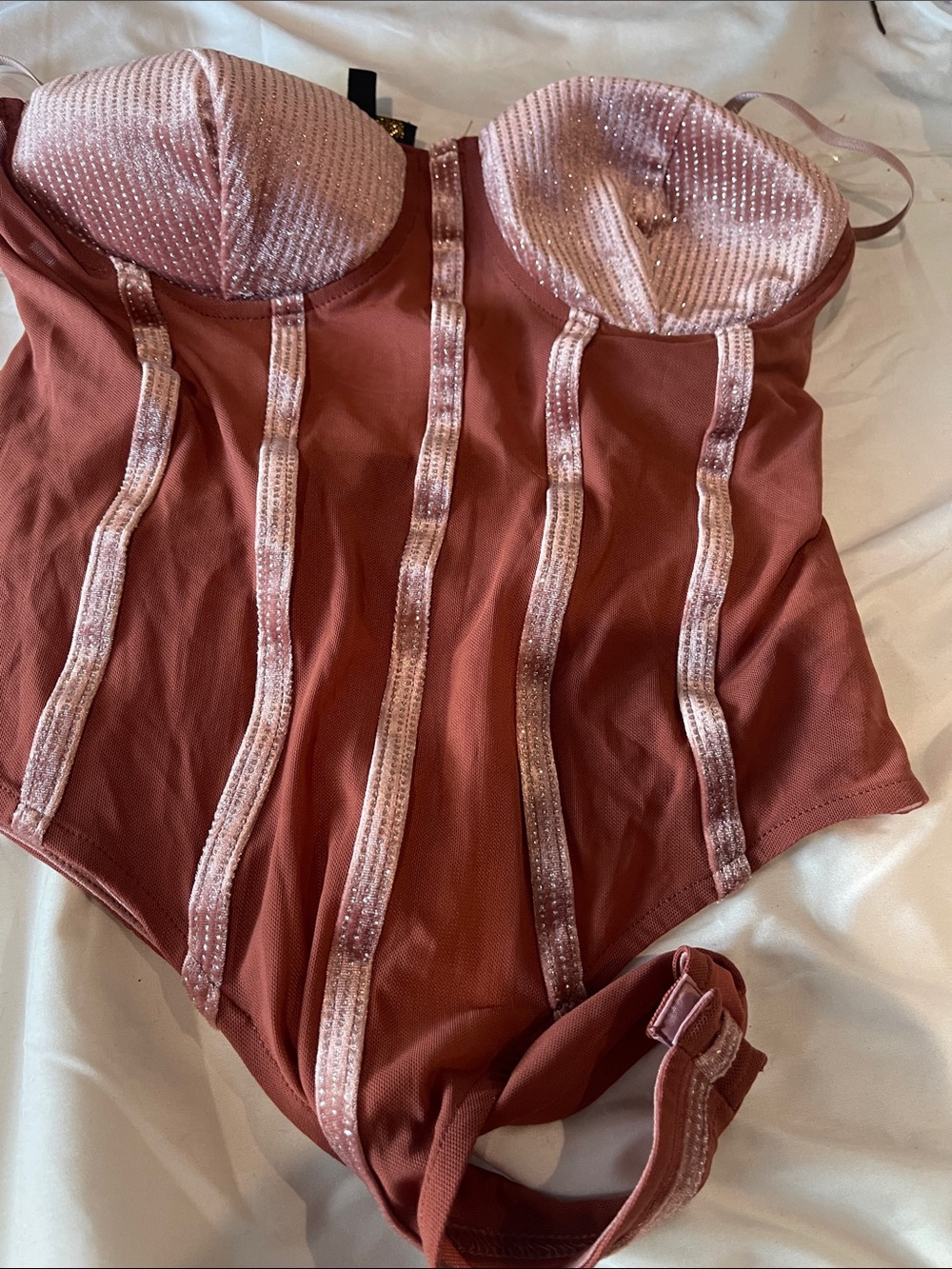 Dusty Rose Bustier Bodysuit with Shimmer Cups - Unbranded